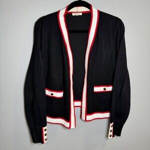 Essentials Milano Black Red White Open Front Cardigan Gold Button Trim Large